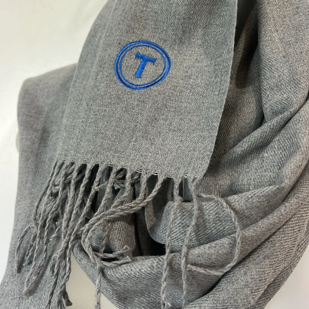 EUC Twillory soft gray scarf with fringe w/blue embroidered signature T unisex